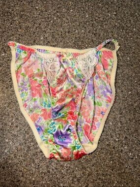 Vintage Cacique Pastel Floral Satin Bikini Panty with Lace Trim